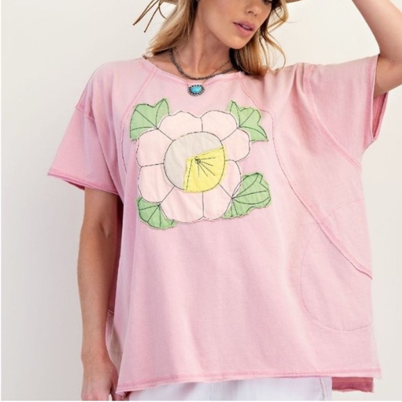 Easel Pink Flower Patch T-shirt Oversized Mineral Wash Bohemian Sz 1X - Picture 11 of 11